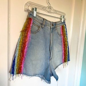 Farm Rio Rainbow Sequin Stripe Denim Shorts